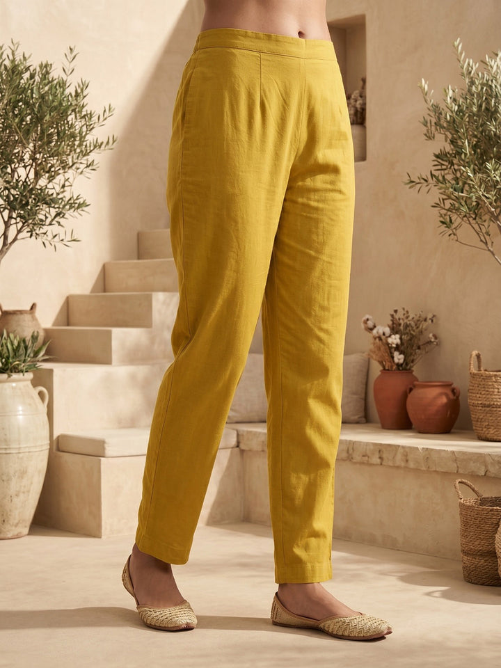 Mustard Embroidered Cotton Blend Round Neck Straight Kurta With Pant and Dupatta