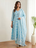 Sky Blue Printed Cotton Blend Kurta With Pant & Dupatta