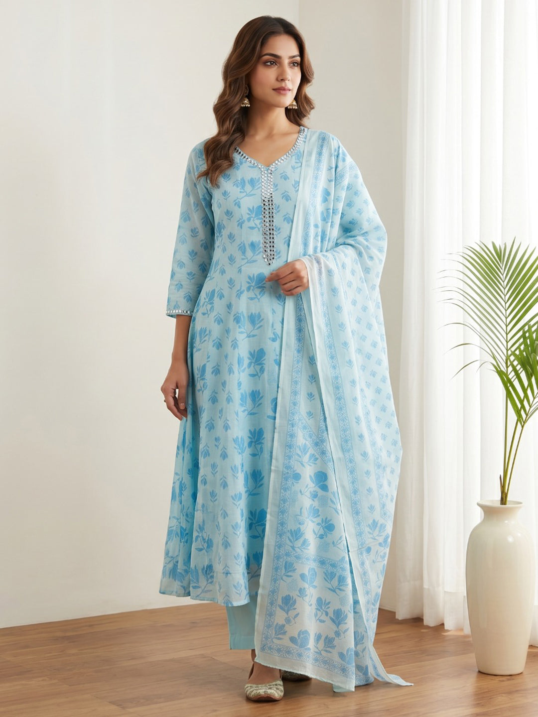 Sky Blue Printed Cotton Blend Kurta With Pant & Dupatta