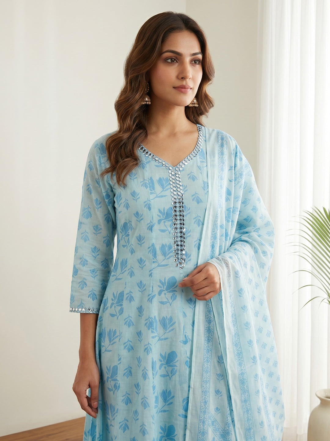 Sky Blue Printed Cotton Blend Kurta With Pant & Dupatta