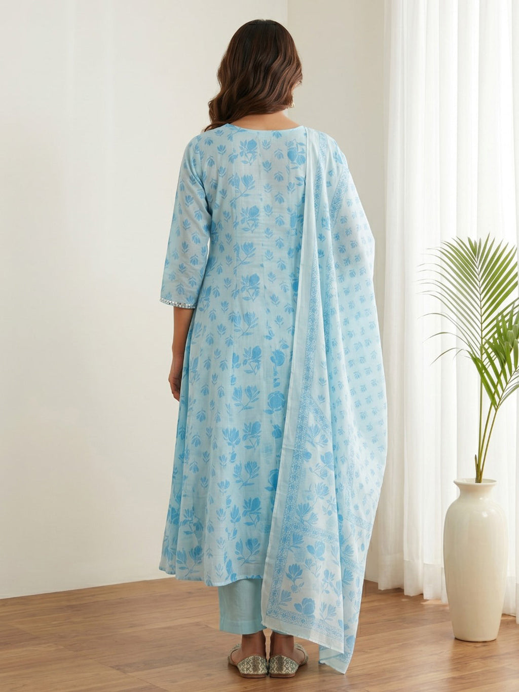 Sky Blue Printed Cotton Blend Kurta With Pant & Dupatta