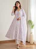 Purple Printed Cotton Blend Kurta With Pant & Dupatta