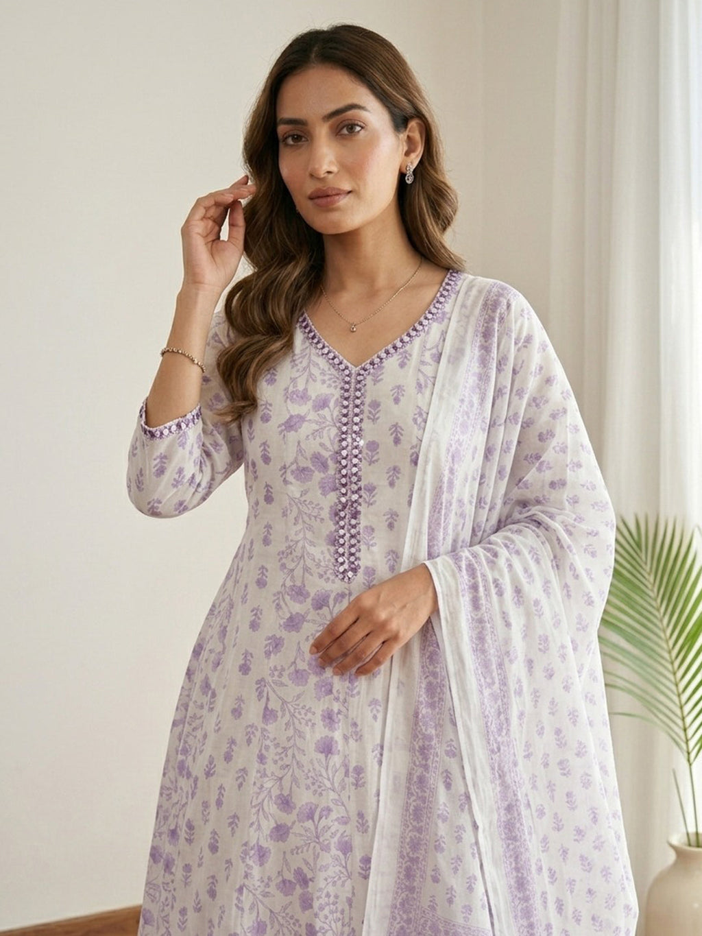 Purple Printed Cotton Blend Kurta With Pant & Dupatta