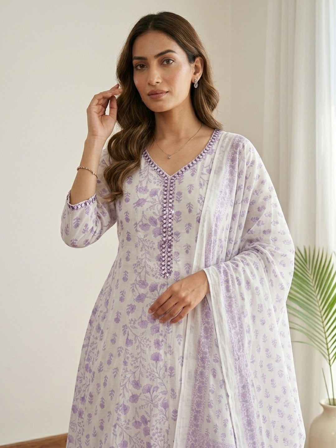 Purple Printed Cotton Blend Kurta With Pant & Dupatta