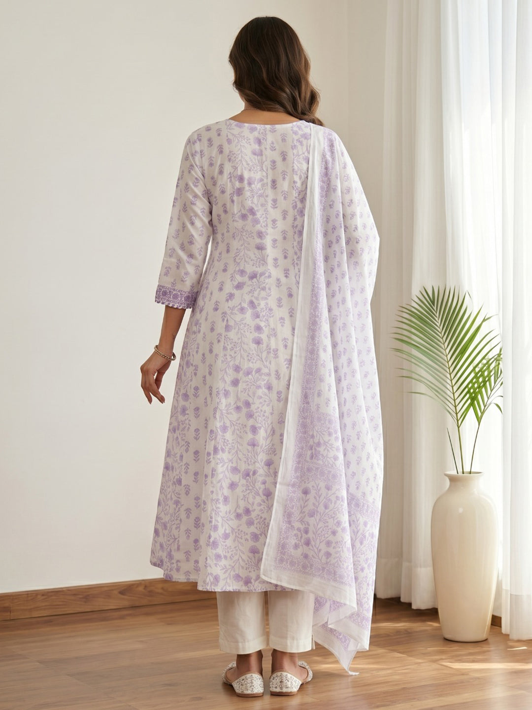 Purple Printed Cotton Blend Kurta With Pant & Dupatta