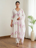 Purple Printed Cotton Blend Kurta With Pant & Dupatta