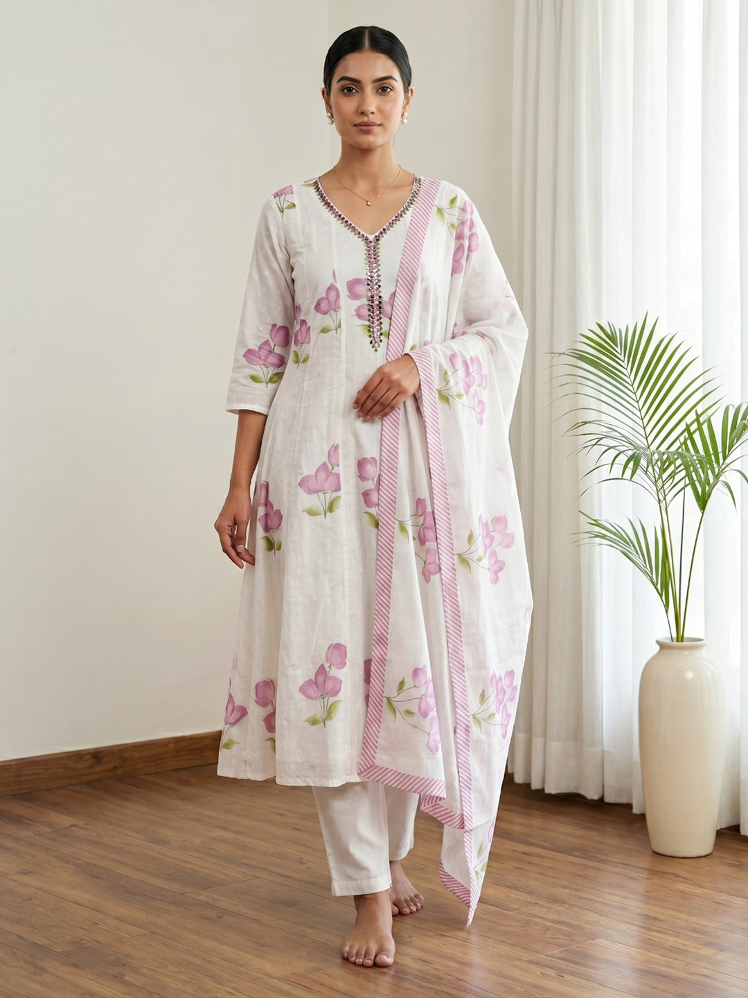 Purple Printed Cotton Blend Kurta With Pant & Dupatta
