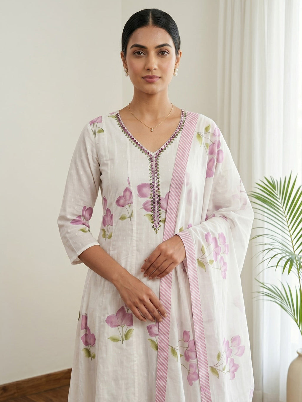 Purple Printed Cotton Blend Kurta With Pant & Dupatta