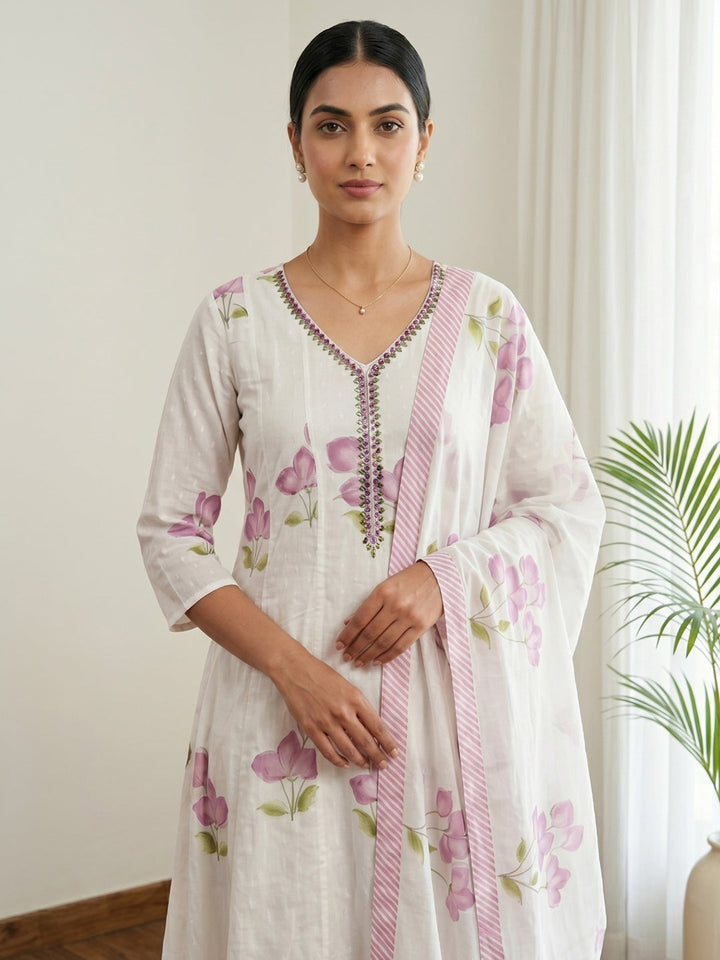Purple Printed Cotton Blend Kurta With Pant &amp; Dupatta