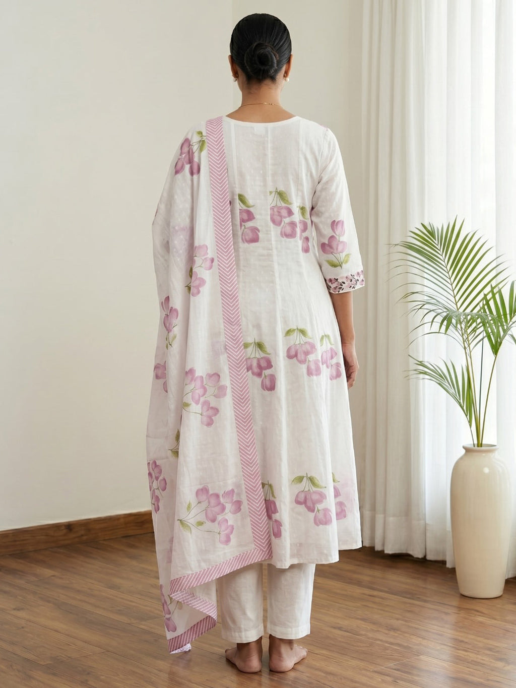 Purple Printed Cotton Blend Kurta With Pant & Dupatta