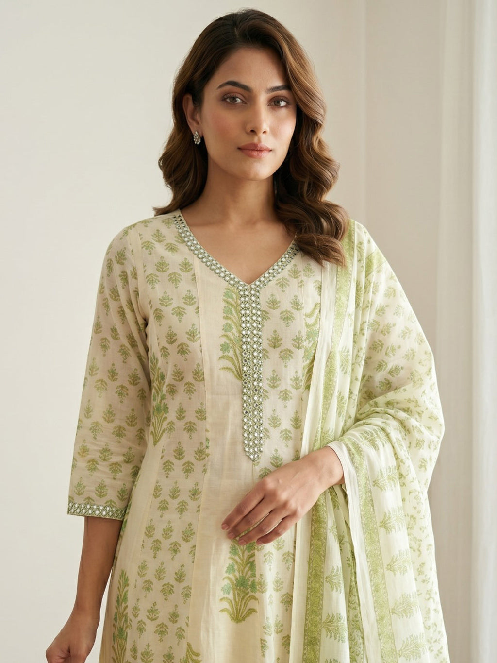 Green Printed Cotton Blend Kurta With Pant & Dupatta