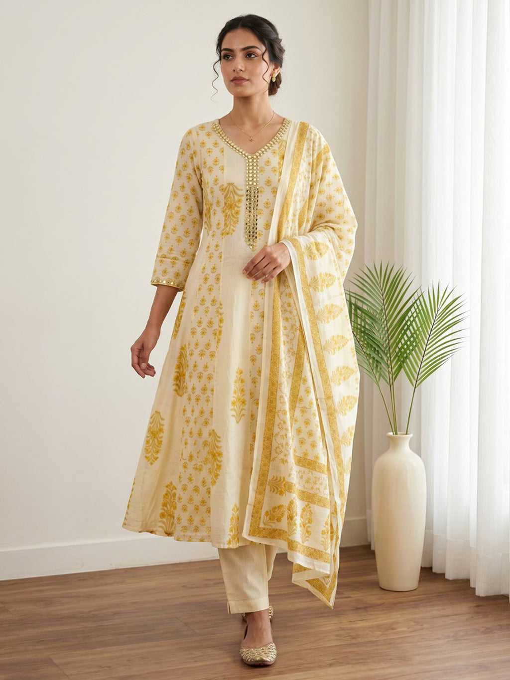 Yellow Printed Cotton Blend Kurta With Pant & Dupatta