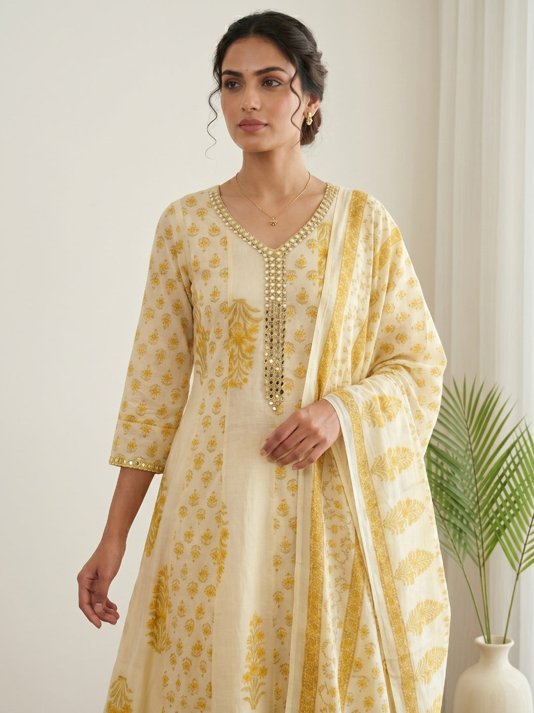 Yellow Printed Cotton Blend Kurta With Pant & Dupatta
