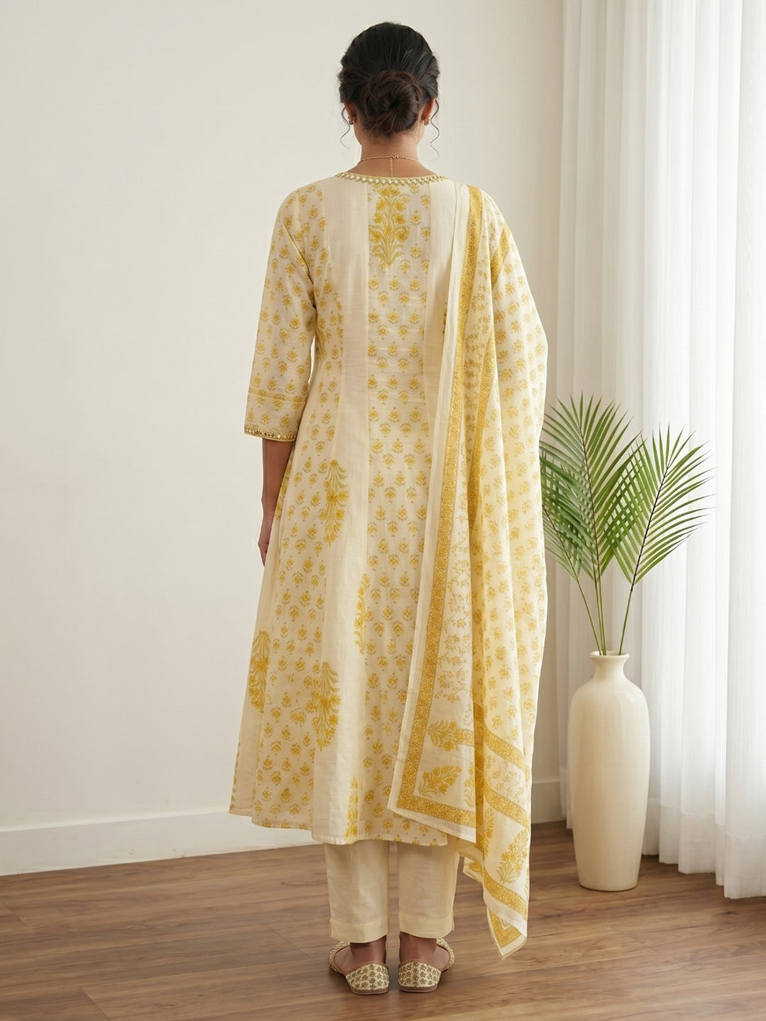 Yellow Printed Cotton Blend Kurta With Pant & Dupatta