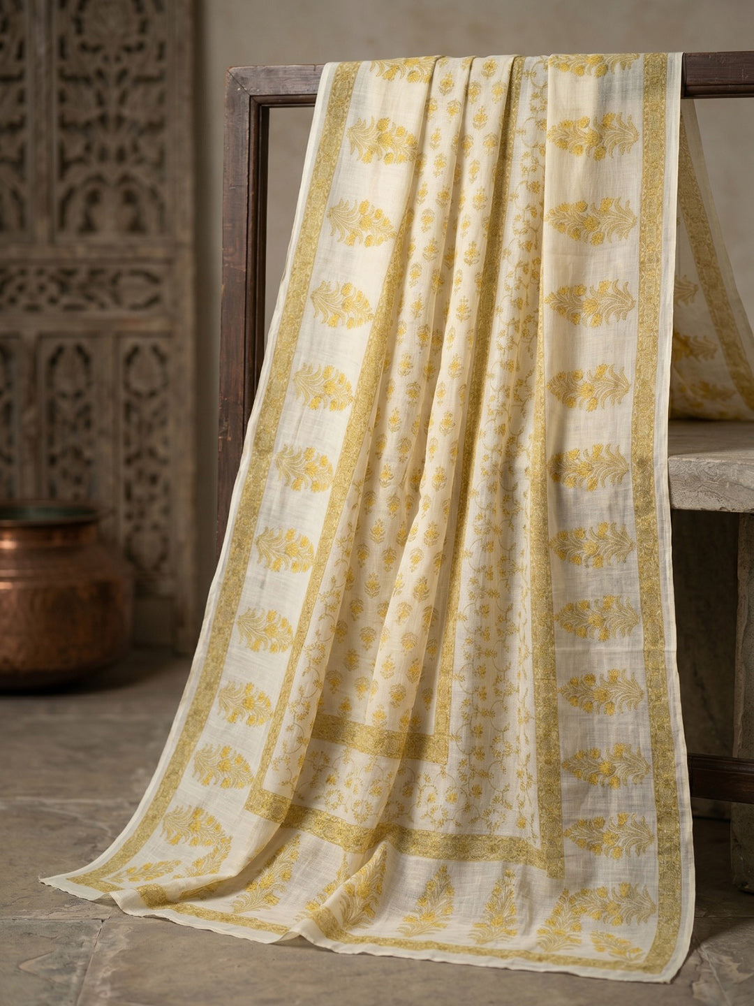 Yellow Printed Cotton Blend Kurta With Pant & Dupatta