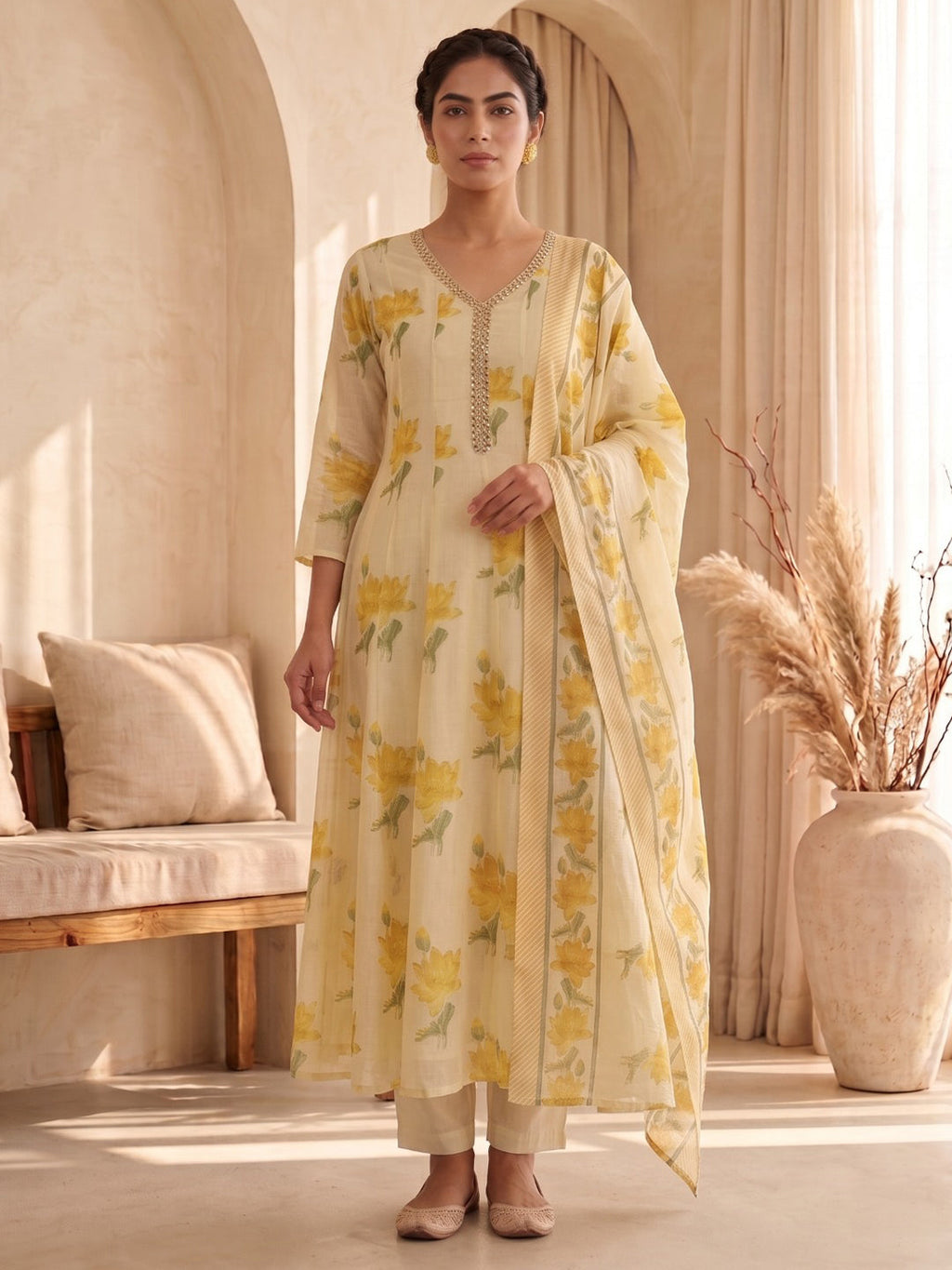 Yellow Embroidery Cotton Blend Kurta With Pant & Dupatta