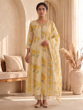 Yellow Embroidery Cotton Blend Kurta With Pant & Dupatta