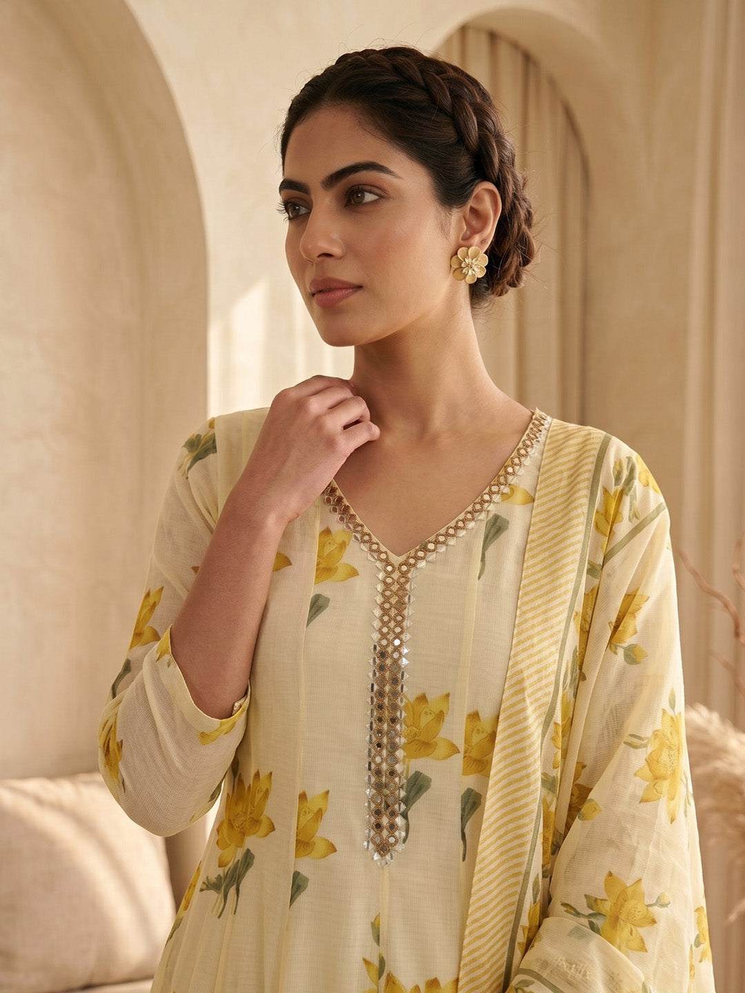 Yellow Embroidery Cotton Blend Kurta With Pant & Dupatta