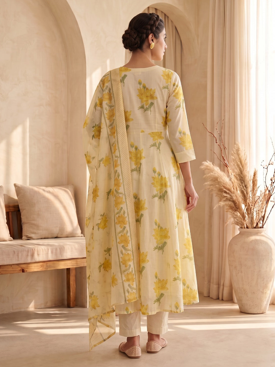 Yellow Embroidery Cotton Blend Kurta With Pant & Dupatta