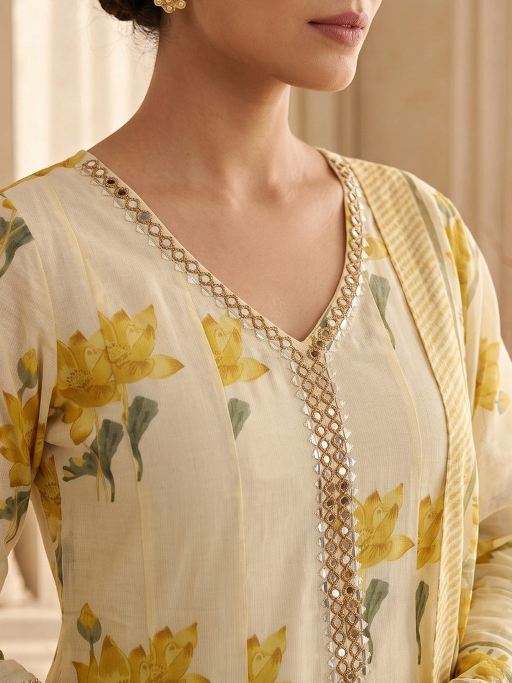Yellow Embroidery Cotton Blend Kurta With Pant & Dupatta