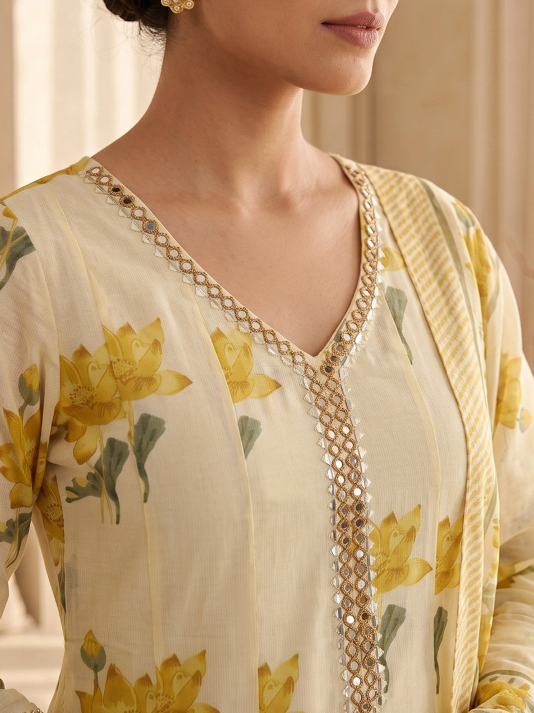 Yellow Embroidery Cotton Blend Kurta With Pant & Dupatta