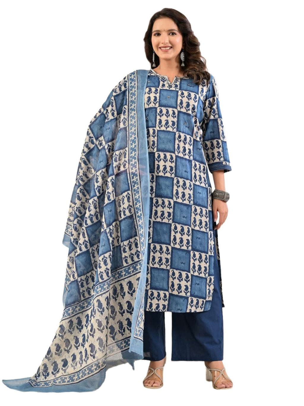 Blue Embroidery Cotton Blend Kurta With Pant & Dupatta