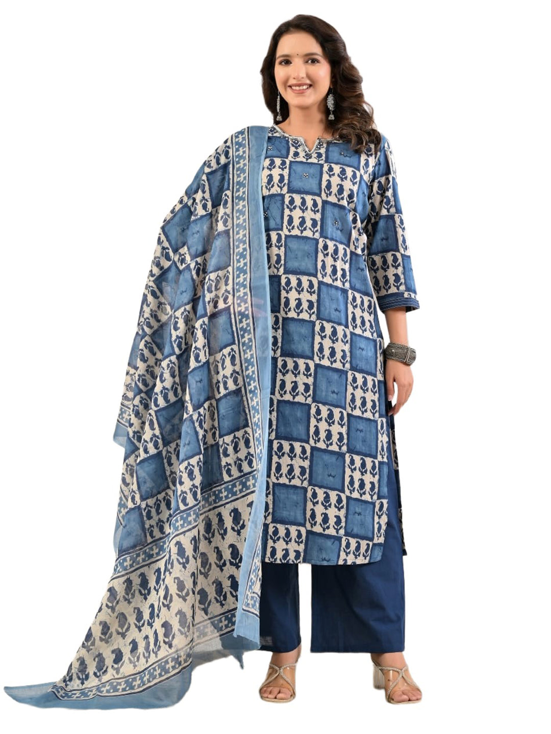 Blue Embroidery Cotton Blend Kurta With Pant & Dupatta