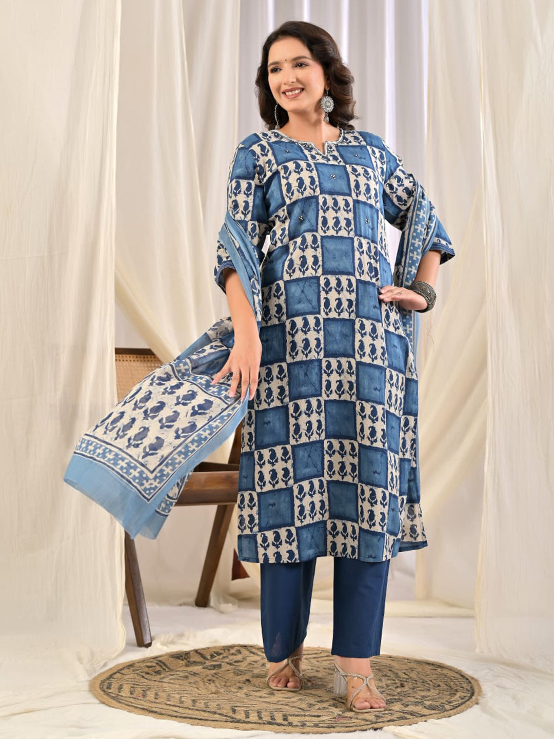 Blue Embroidery Cotton Blend Kurta With Pant & Dupatta