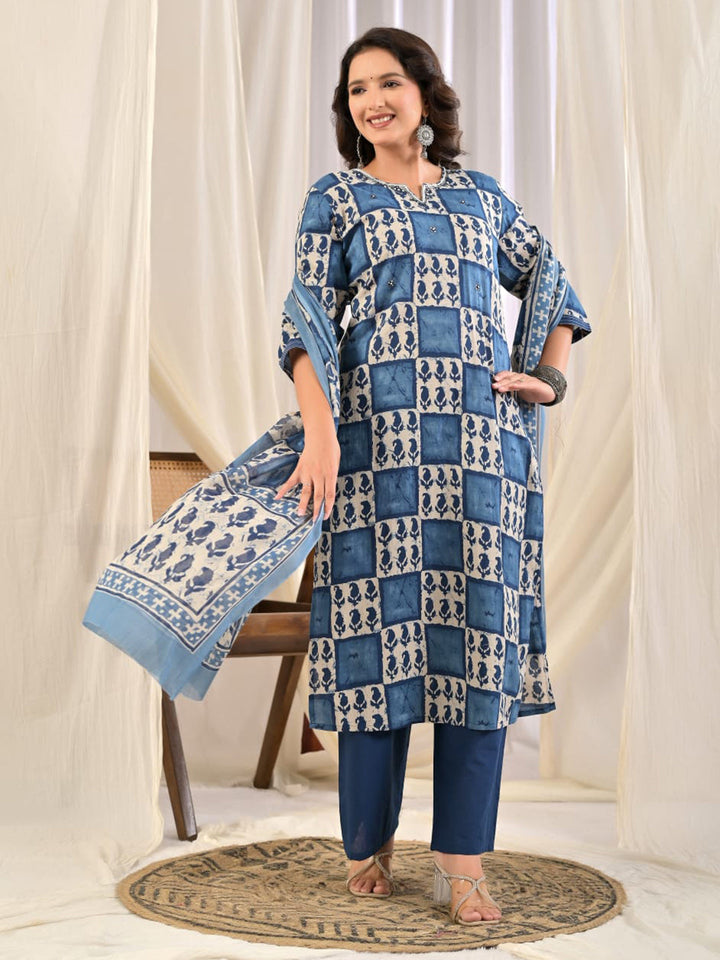 Blue Embroidery Cotton Blend Kurta With Pant &amp; Dupatta