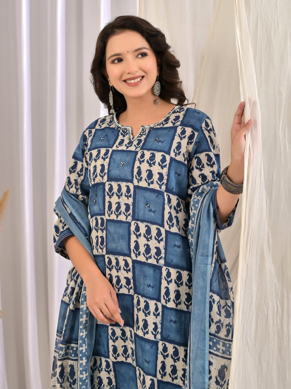 Blue Embroidery Cotton Blend Kurta With Pant & Dupatta