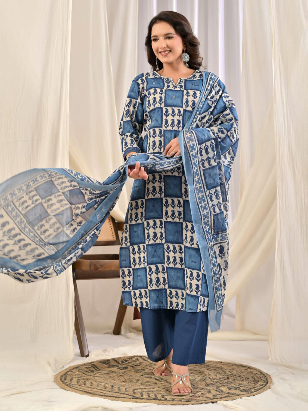 Blue Embroidery Cotton Blend Kurta With Pant & Dupatta