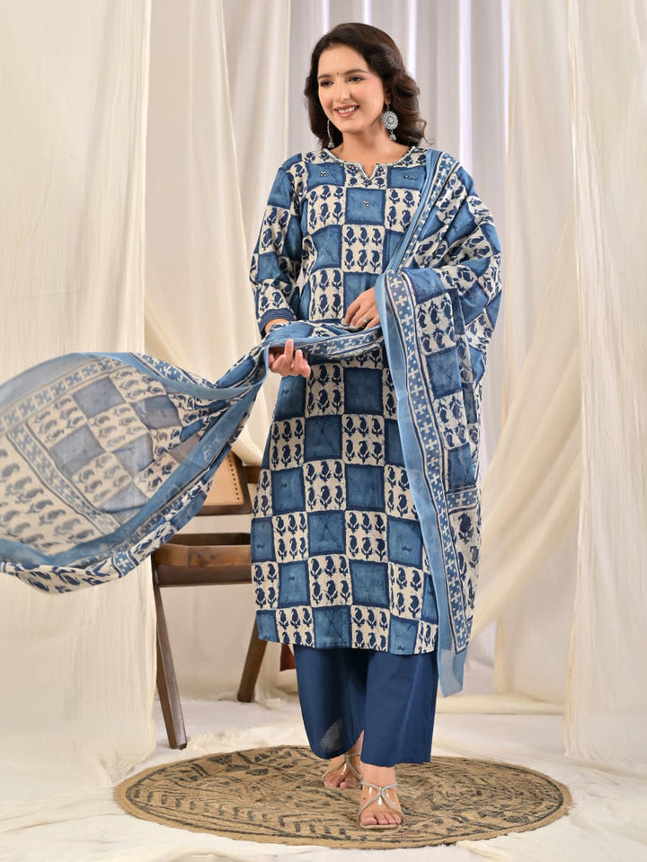 Blue Embroidery Cotton Blend Kurta With Pant &amp; Dupatta