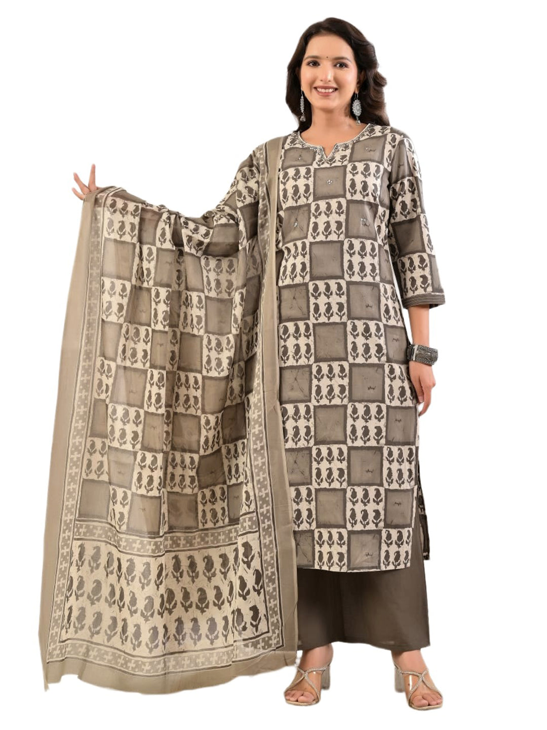Grey Embroidery Cotton Blend Kurta With Pant & Dupatta