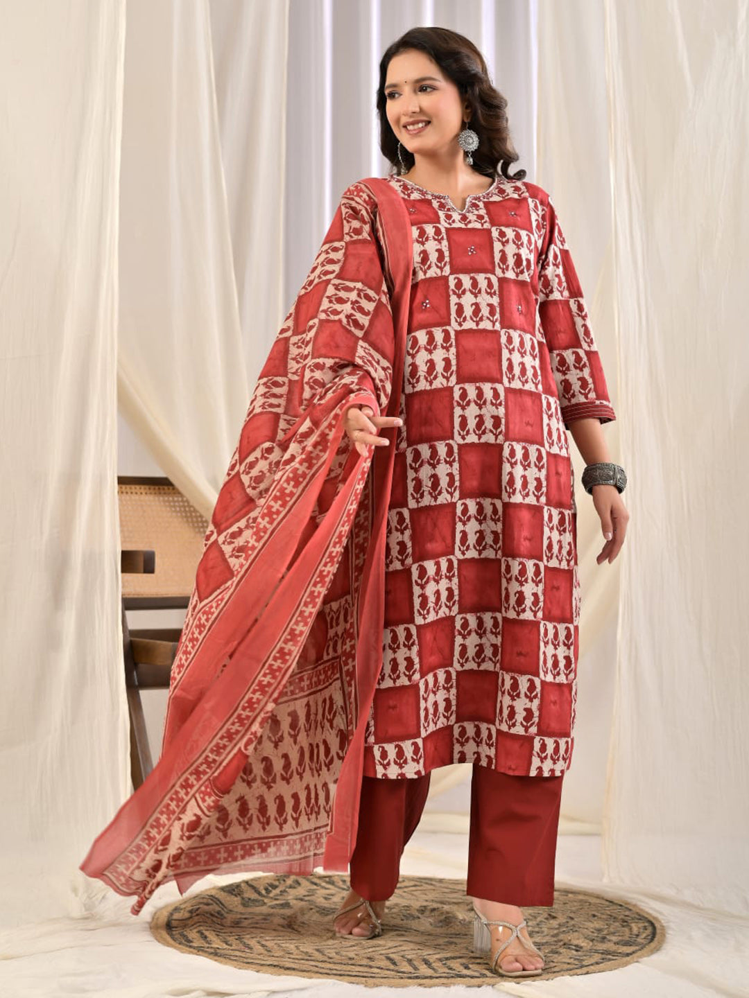 Red Embroidery Cotton Blend Kurta With Pant & Dupatta
