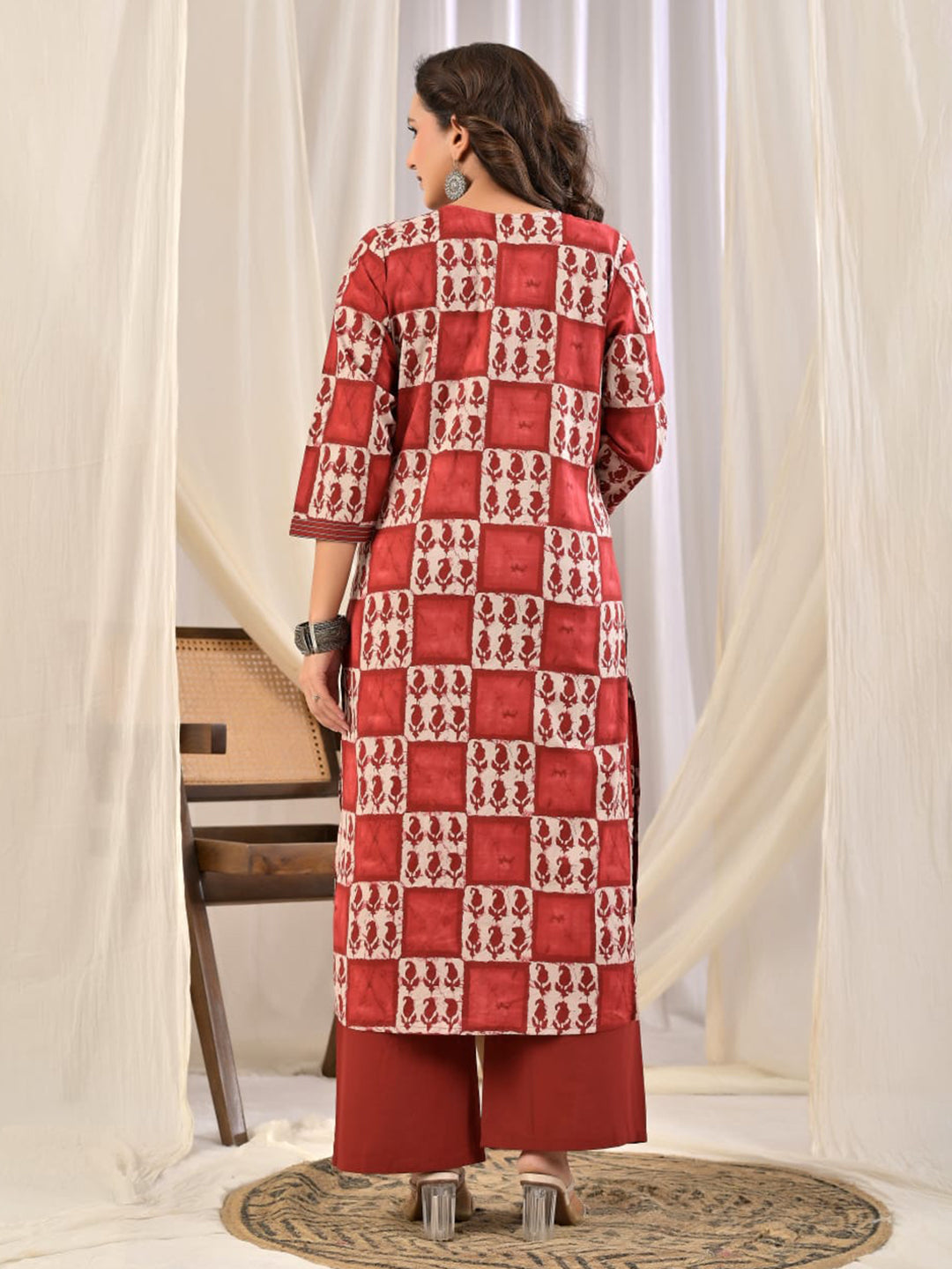 Red Embroidery Cotton Blend Kurta With Pant & Dupatta