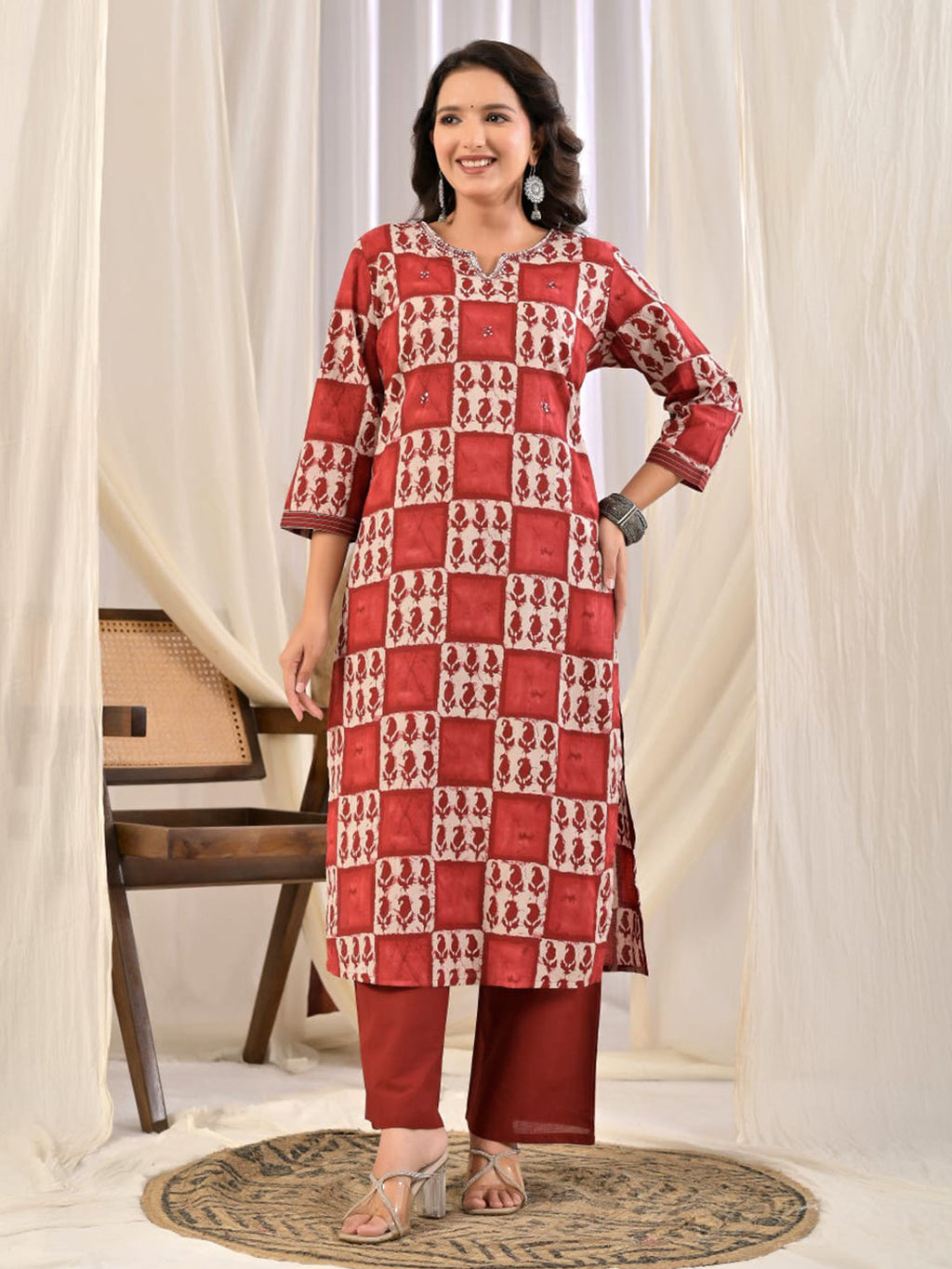Red Embroidery Cotton Blend Kurta With Pant & Dupatta