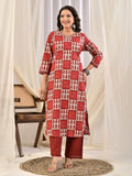 Red Embroidery Cotton Blend Kurta With Pant & Dupatta