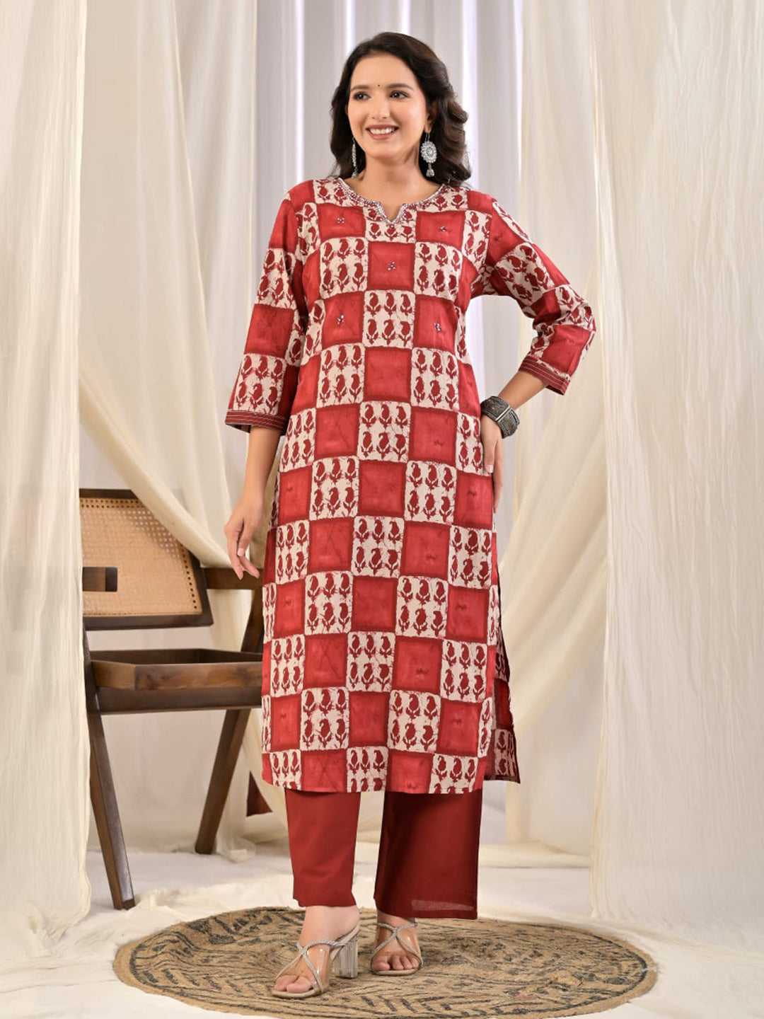 Red Embroidery Cotton Blend Kurta With Pant & Dupatta