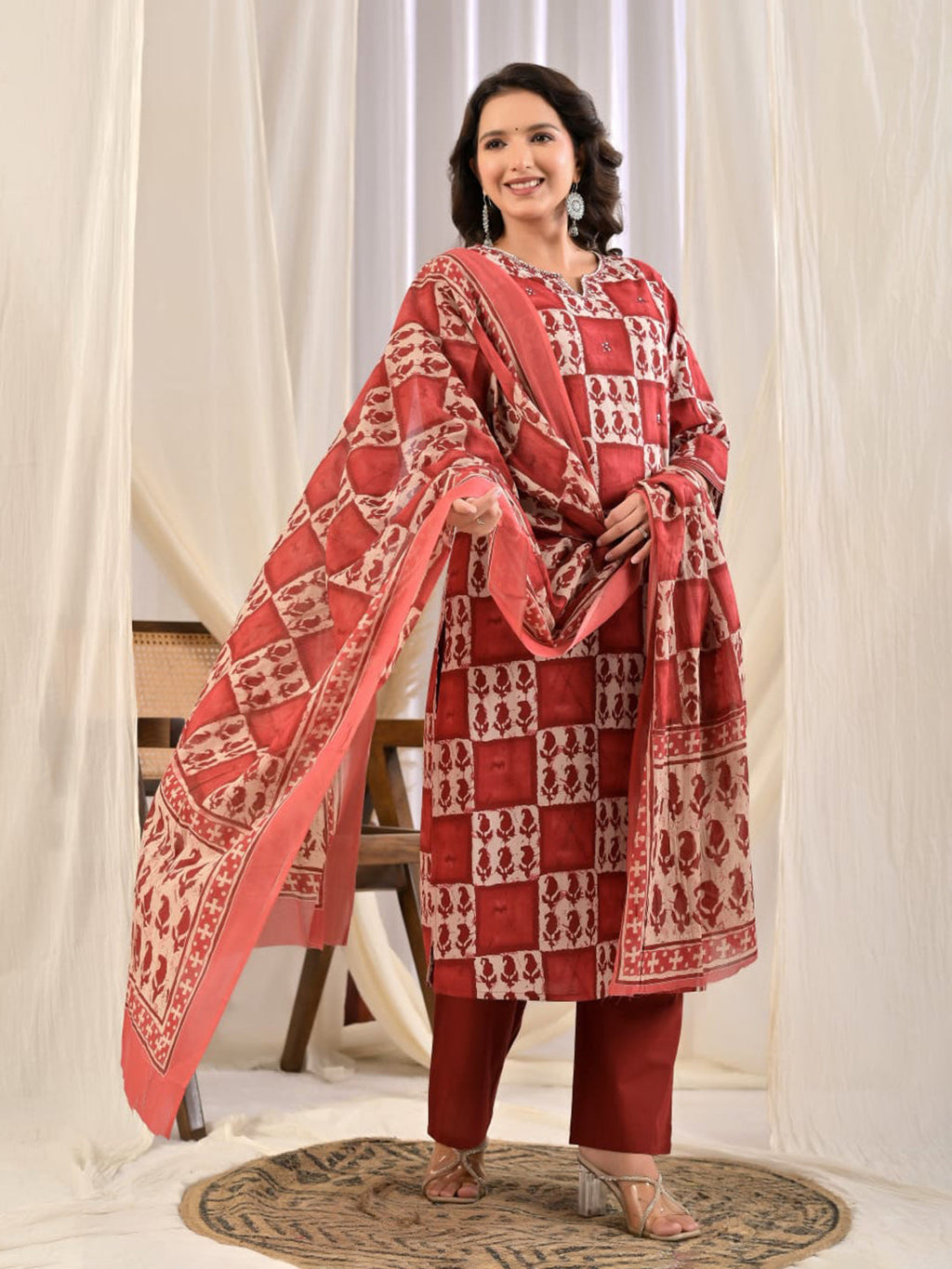 Red Embroidery Cotton Blend Kurta With Pant & Dupatta