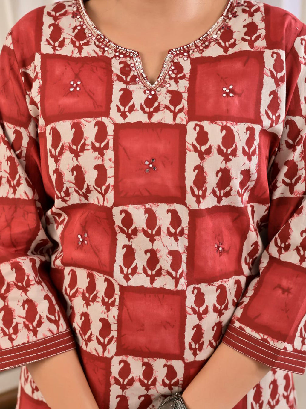Red Embroidery Cotton Blend Kurta With Pant & Dupatta