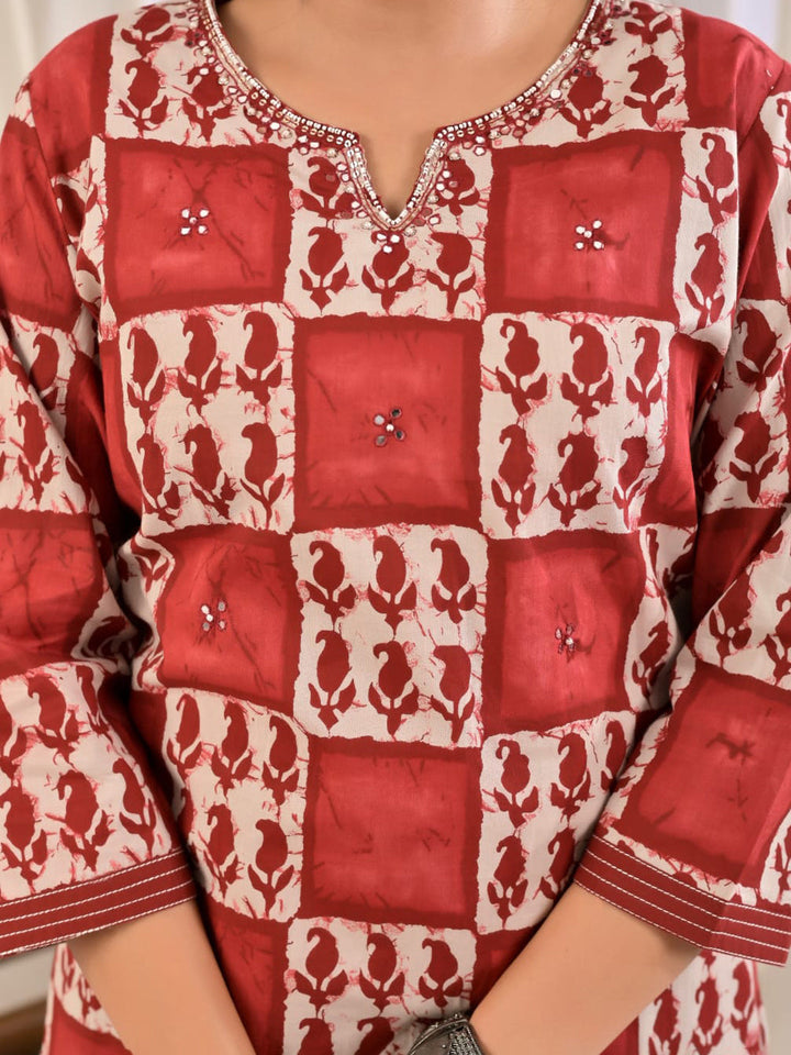 Red Embroidery Cotton Blend Kurta With Pant &amp; Dupatta