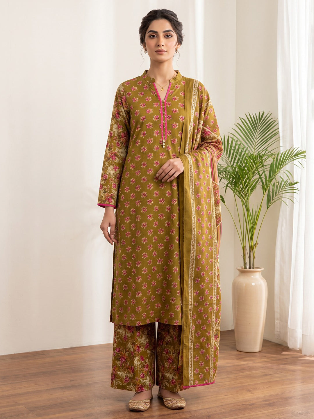 Mustard Printed Cotton Blend Kurta With Pant & Dupatta