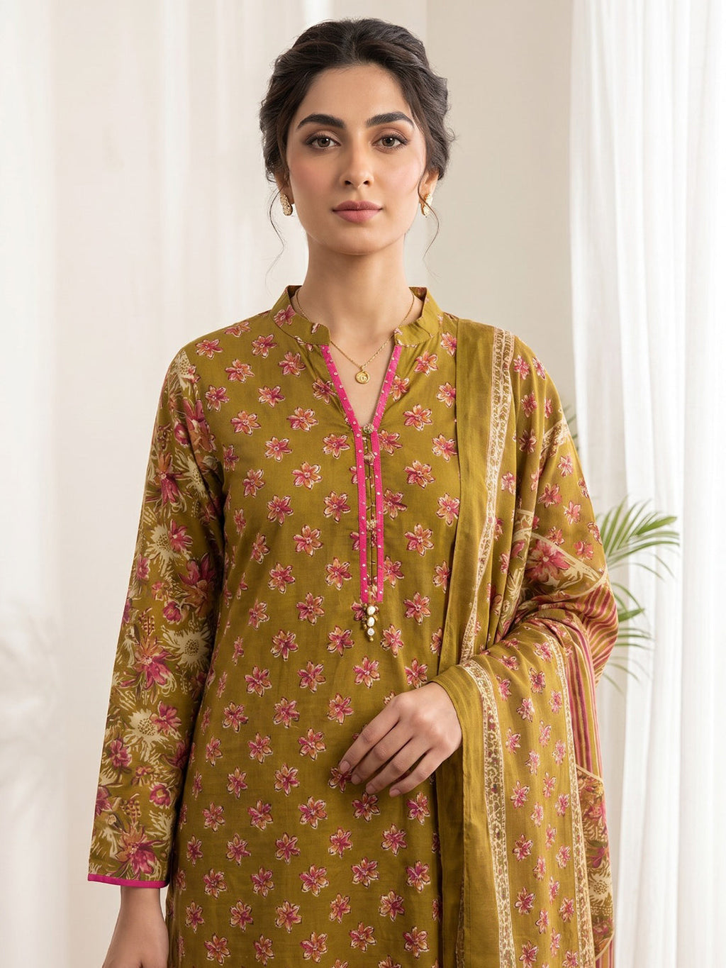 Mustard Printed Cotton Blend Kurta With Pant & Dupatta