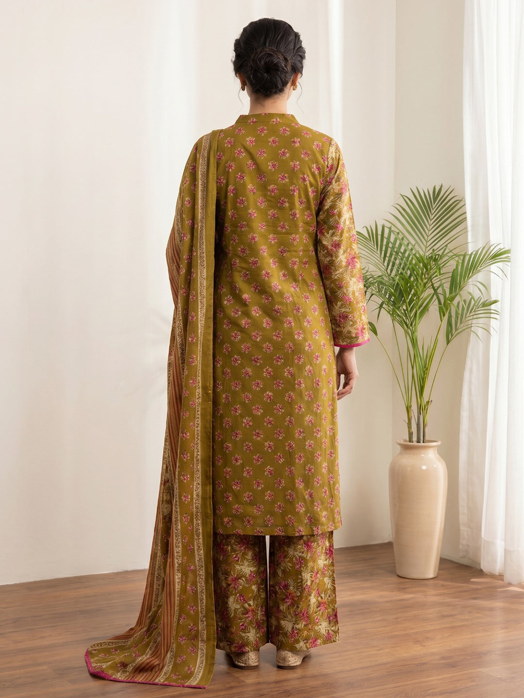 Mustard Printed Cotton Blend Kurta With Pant & Dupatta