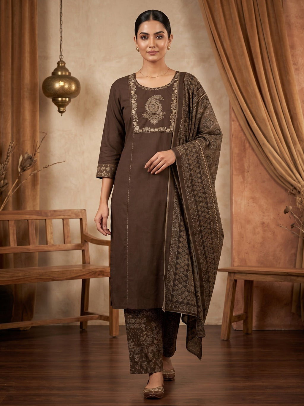 Brown Printed Cotton Blend Kurta With Pant & Dupatta