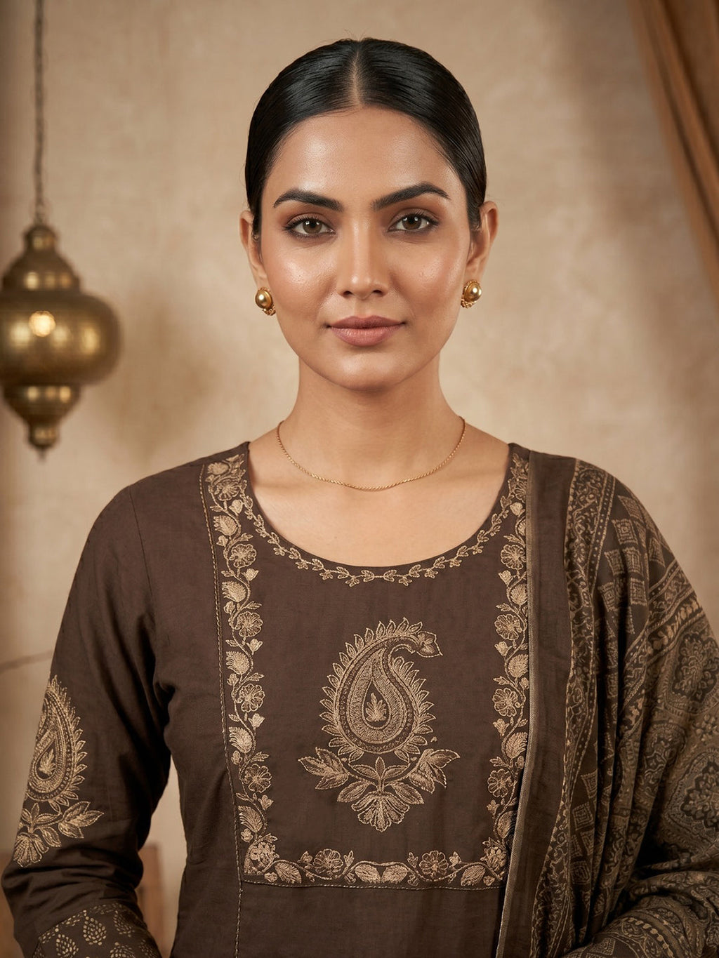 Brown Printed Cotton Blend Kurta With Pant & Dupatta