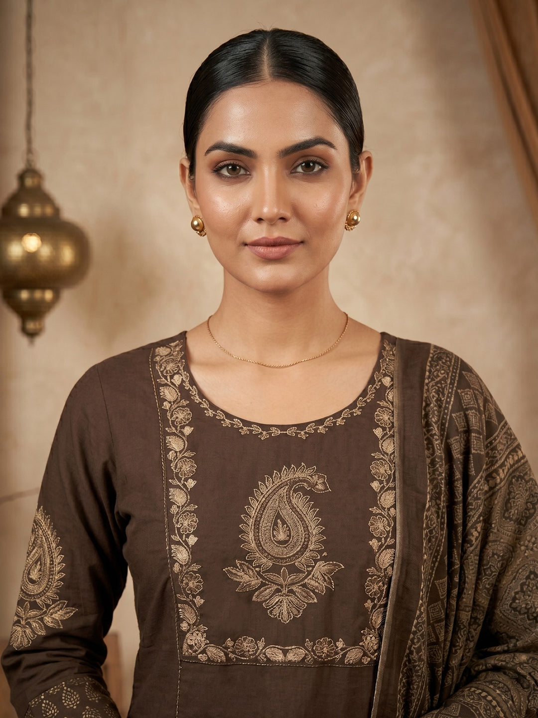 Brown Printed Cotton Blend Kurta With Pant & Dupatta