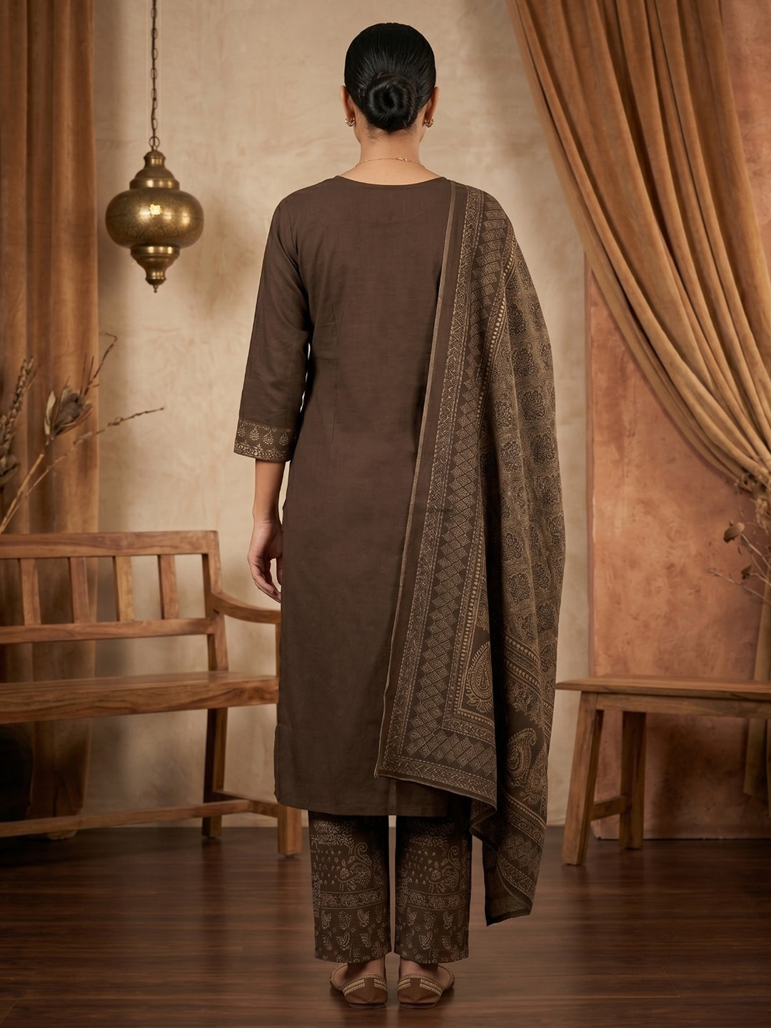 Brown Printed Cotton Blend Kurta With Pant & Dupatta