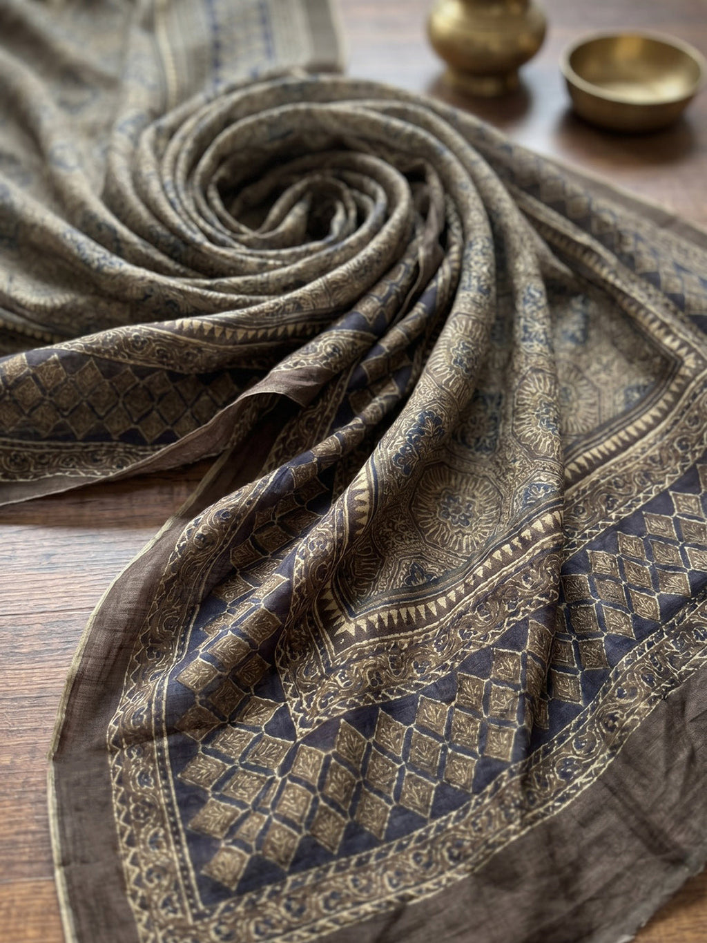 Brown Printed Cotton Blend Kurta With Pant & Dupatta
