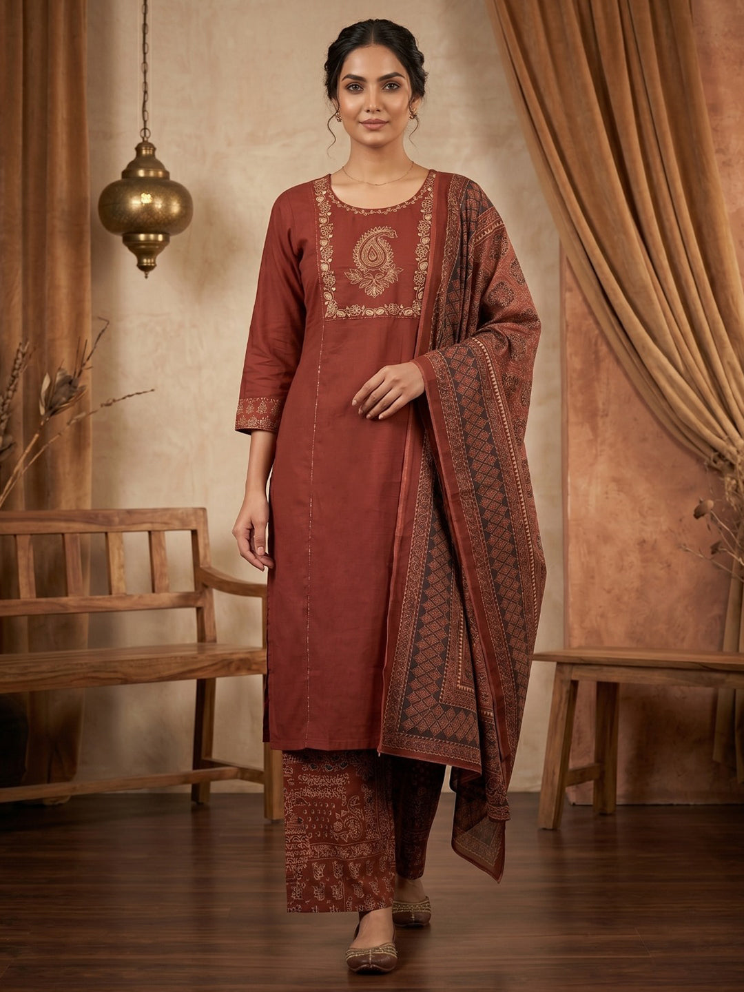 Red Printed Cotton Blend Kurta With Pant & Dupatta